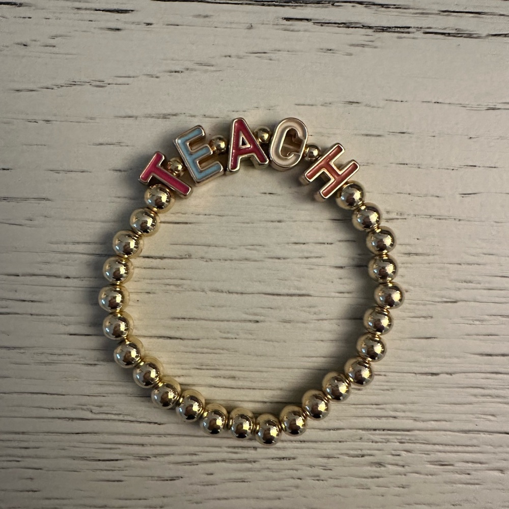 Gold Beaded 'TEACH' Letter Stretch Bracelet with Pink and Blue Accents